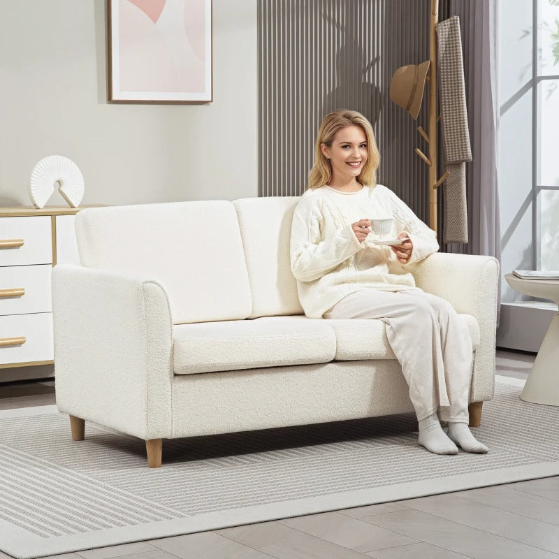 HOMCOM 2-Seat Sofa Two-Seater Couch with Armrests and Wood Legs for Living Room, Bedroom, Cream White