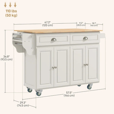 HOMCOM Kitchen Island with Storage, Rolling Kitchen Island with Drop Leaf, Rubber Wood Top and Adjustable Shelves, Cream White