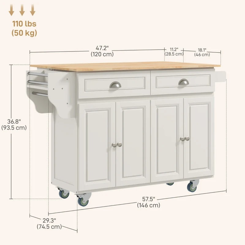 HOMCOM Kitchen Island with Storage, Rolling Kitchen Island with Drop Leaf, Rubber Wood Top and Adjustable Shelves, Cream White