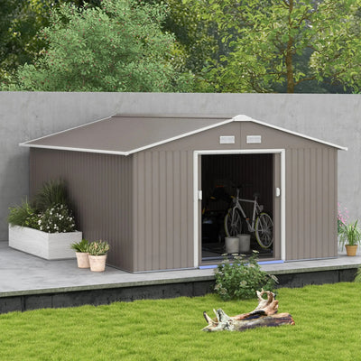 Outsunny 11' x 13' Practical Backyard Garden Storage Tool Shed Double Sliding Door 4 Ventilation Slots, Light Grey
