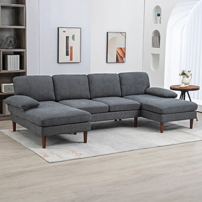 HOMCOM U Shape Couch with Double Chaise Lounge, Modern 4 Seater Sofa with Wooden Legs, Fabric Sofa for Living Room, Dark Grey