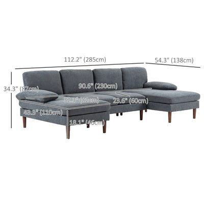 HOMCOM U Shape Couch with Double Chaise Lounge, Modern 4 Seater Sofa with Wooden Legs, Fabric Sofa for Living Room, Dark Grey