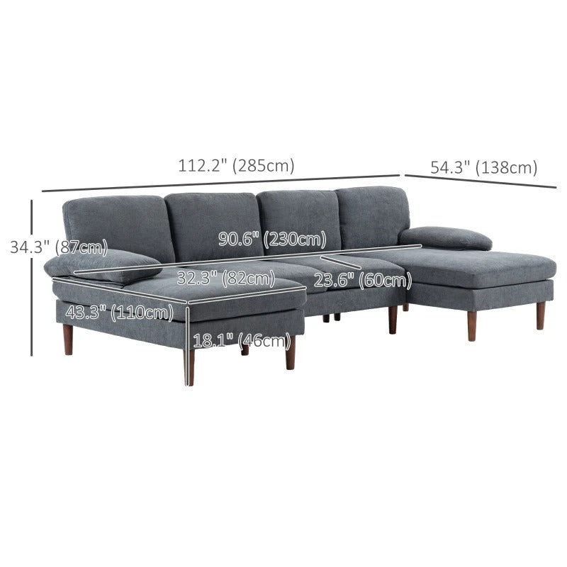 HOMCOM U Shape Couch with Double Chaise Lounge, Modern 4 Seater Sofa with Wooden Legs, Fabric Sofa for Living Room, Dark Grey