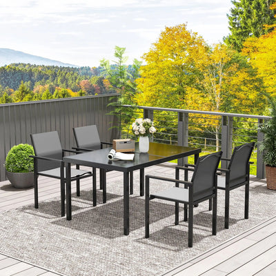 Outsunny 5 Piece Patio Dining Set with 4 Stackable Chairs, Tempered Glass Top, Rust-Resistant Metal Frame