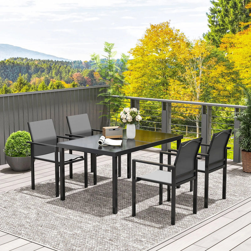 Outsunny 5 Piece Patio Dining Set with 4 Stackable Chairs, Tempered Glass Top, Rust-Resistant Metal Frame