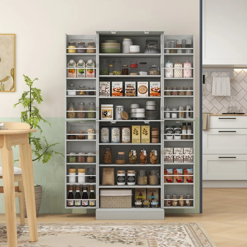 HOMCOM 65" Kitchen Cabinet, Kitchen Pantry Cabinet with 4 Doors and 16 Door Shelves for Dining Room, Grey