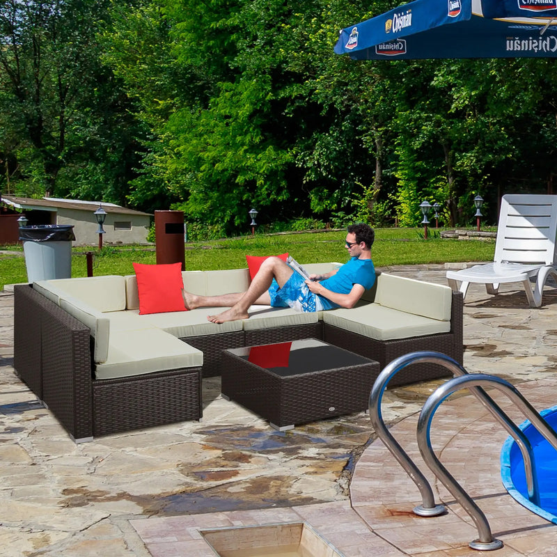 Outsunny 7 Pieces Patio Sofa Outdoor Wicker Sectional Patio Furniture, Dark Brown & Beige