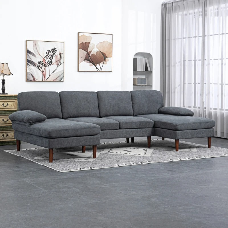 HOMCOM U Shape Couch with Double Chaise Lounge, Modern 4 Seater Sofa with Wooden Legs, Fabric Sofa for Living Room, Dark Grey