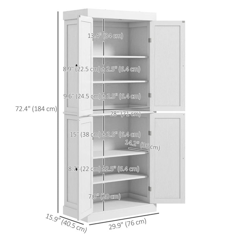 HOMCOM 72.5" Tall Kitchen Pantry Storage Cabinet with Adjustable Shelves & 4 Doors, White