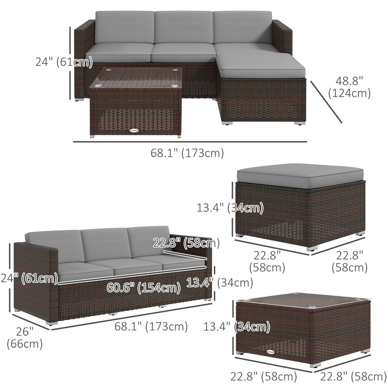 Outsunny Patio Furniture w Soft Cushions, Corner Sofa Sets, Grey