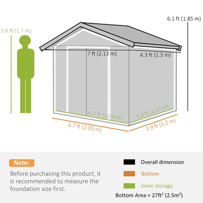 Outsunny 7' x 4' x 6' Garden Storage Shed Outdoor Patio Metal Tool Storage House w Foundation Kit and Double Doors Light Green
