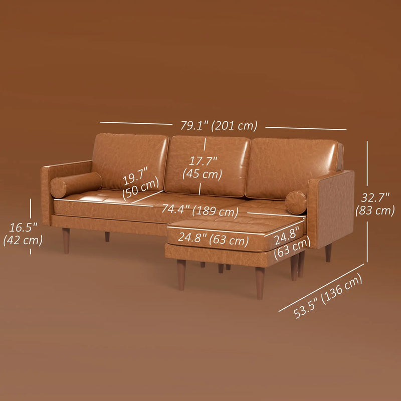 HOMCOM Faux Leather Sectional Sofa Couch L-Shaped Corner Sofa Set with Footstool and 2 Bolster Pillows, Brown