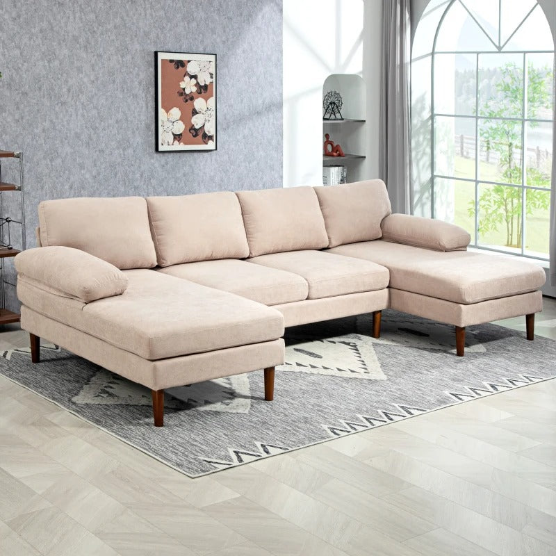 HOMCOM U Shape Couch with Double Chaise Lounge, Modern 4 Seater Sofa with Wooden Legs, Fabric Sofa for Living Room, Beige