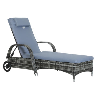 Outsunny Wicker Chaise Lounge, Outdoor Lounge Chair, PE Rattan Patio Sun lounger with Head-rest, 5-Level Height Adjust Backrest, Cushion, & Wheels, Mixed Grey and Grey