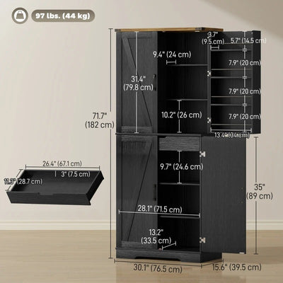 HOMCOM 72" Kitchen Pantry Cabinet, Farmhouse Storage Cabinet with 4 Doors, Drawer, 8 Door Shelves and Adjustable Shelf, Black