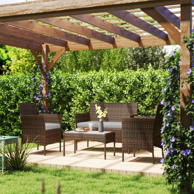 Outsunny 4 Pieces Wicker Outdoor Balcony Furniture Set Rattan Patio Furniture Set with Loveseat Chairs Glass Coffee Table Grey