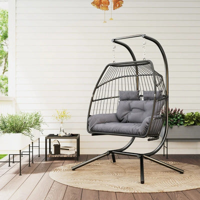 Outsunny Double Wicker Egg Swing Chair with Stand, Foldable Hanging Egg Chair with UV Resistant Cushion, Headrest, Dark Grey