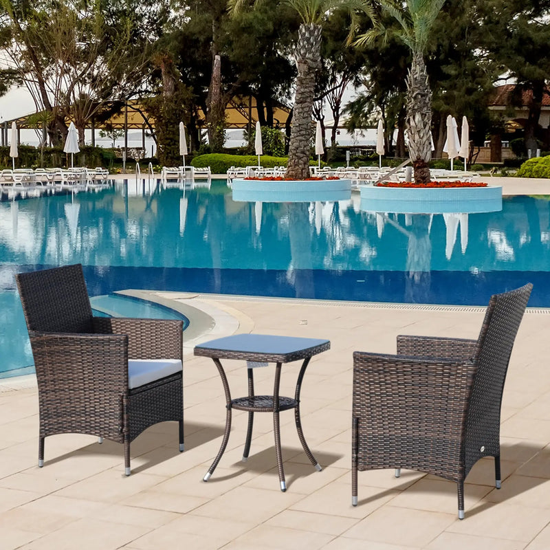 Outsunny 3 Pieces Wicker Patio Furniture Set, Rattan Bistro Set with Glass Top Coffee Table and Cushions, Outdoor Conversation Set for Garden, Porch, Balcony, Coffee