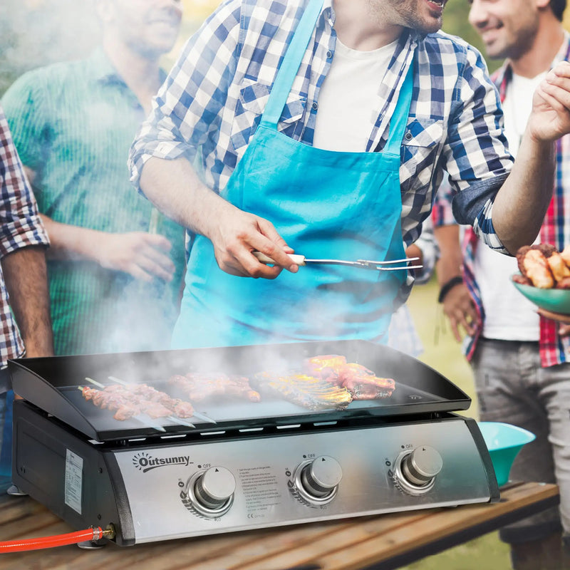 Outsunny 3 Burner Liquefied Gas Grill, Portable Tabletop BBQ Grill, for Camping, Picnic, Silver
