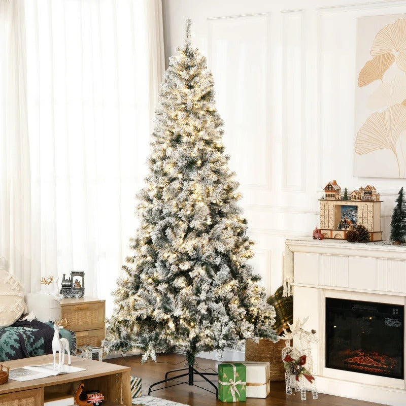 HOMCOM 7.5ft Artificial Prelit Christmas Tree with Warm White LED Light, Snow Flocked Branches, Metal Base, Xmas Tree