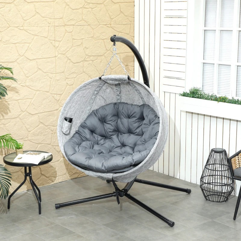 Outsunny Egg Chair with Folding Basket, Outdoor Indoor Hanging Swing Chair with Stand, Cushions for Patio, Balcony, Grey