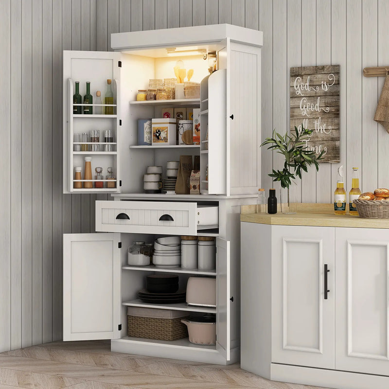 HOMCOM 71" Kitchen Pantry Cabinet with LED Lights, 6 Spice Racks, a Drawer and 4 Adjustable Shelves, White