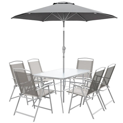 Outsunny 8 Piece Patio Dining Set with Table Umbrella, 6 Folding Chairs and Rectangle Dining Table, Grey