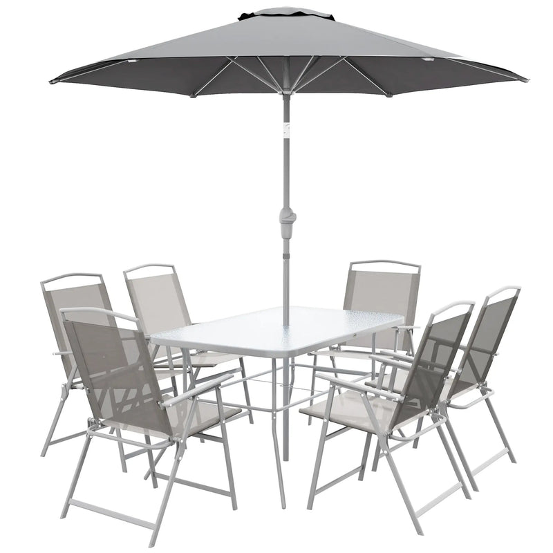 Outsunny 8 Piece Patio Dining Set with Table Umbrella, 6 Folding Chairs and Rectangle Dining Table, Grey