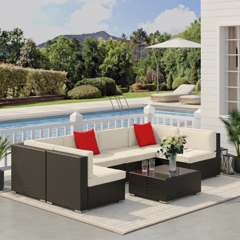 Outsunny 7 Pieces Patio Sofa Outdoor Wicker Sectional Patio Furniture, Dark Brown & Beige