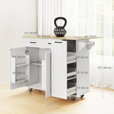 HOMCOM Kitchen Island on Wheels with Wood Drop Leaf, Charging Station, Rolling Kitchen Cart with Adjustable Shelf, White