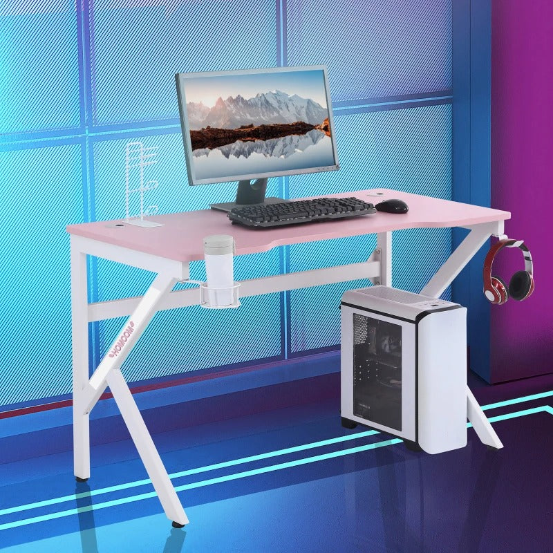 HOMCOM 47 inch Gaming Desk, Racing Style Computer Table, Home Office Workstation with Rotatable Cup Holder, Headphone Hook, Gamepad Stand, Wire Port, Pink