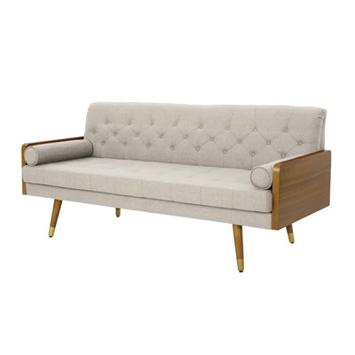 Mid-Century Modern Tufted Fabric Sofa with Rolled Accent Pillows, Daybed with Gold Tipped Rubberwood Legs, 72'' L x 30.5'' W x 32'' H, Beige