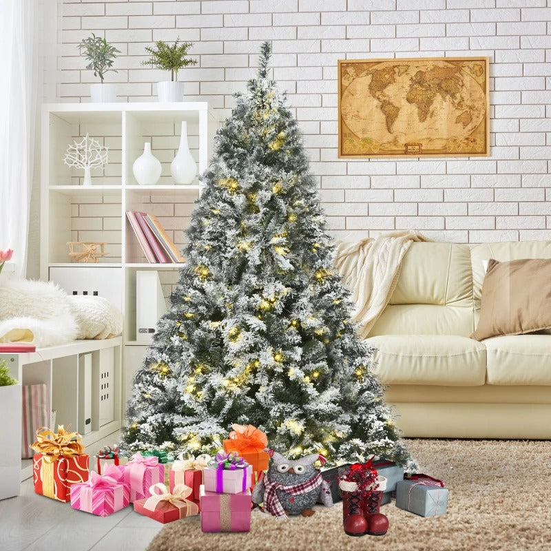 HOMCOM 6ft Snow Flocked Artificial Tree 250 LED Light 928 Branches Christmas Season
