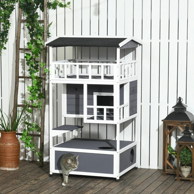 PawHut 4-Floor Wood Outdoor Cat House Catio for Cats with Condo, Fun Entrances, Perch, Grey