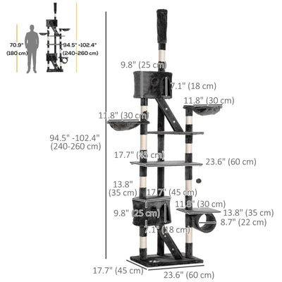 PawHut 94-102 Floor to Ceiling Cat Tree High Cat Condo Scratching Post Activity Center Multi-Level Play House Dark Grey