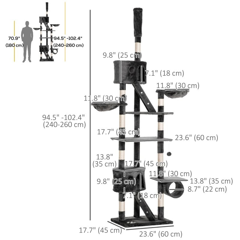 PawHut 94-102 Floor to Ceiling Cat Tree High Cat Condo Scratching Post Activity Center Multi-Level Play House Dark Grey