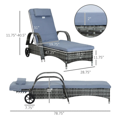 Outsunny Wicker Chaise Lounge, Outdoor Lounge Chair, PE Rattan Patio Sun lounger with Head-rest, 5-Level Height Adjust Backrest, Cushion, & Wheels, Mixed Grey and Grey