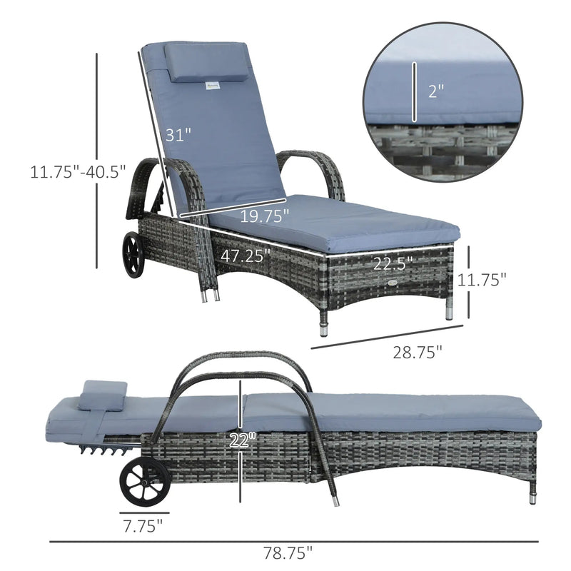 Outsunny Wicker Chaise Lounge, Outdoor Lounge Chair, PE Rattan Patio Sun lounger with Head-rest, 5-Level Height Adjust Backrest, Cushion, & Wheels, Mixed Grey and Grey