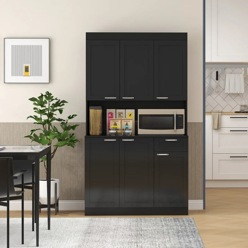HOMCOM 71" Kitchen Pantry Cabinet, Storage Buffet with Hutch, Adjustable Shelves for Living Room, High Gloss Black