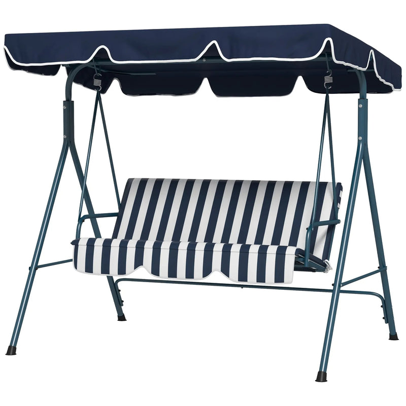 Outsunny 3-Seater Outdoor Porch Swing with Adjustable Canopy, Patio Swing Chair for Garden, Poolside, Backyard, Blue and White