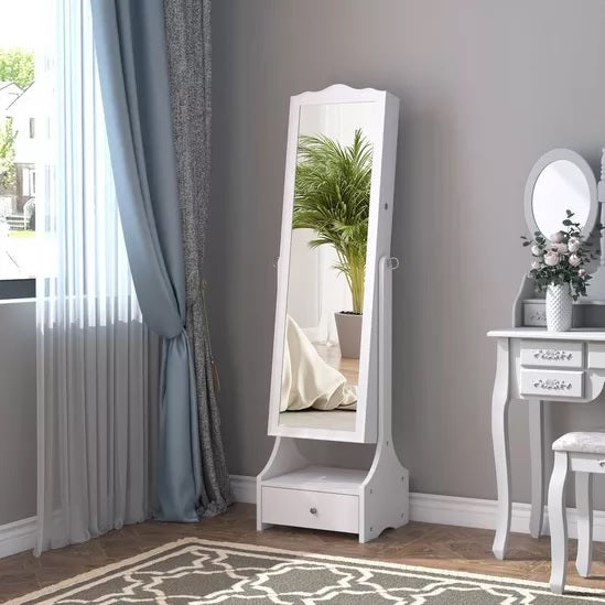 HOMCOM Standing Jewelry Cabinet Organizer Jewelry Armoire with LED Lights, Full Length Mirror, Adjustable Angle, White