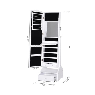 HOMCOM Standing Jewelry Cabinet Organizer Jewelry Armoire with LED Lights, Full Length Mirror, Adjustable Angle, White