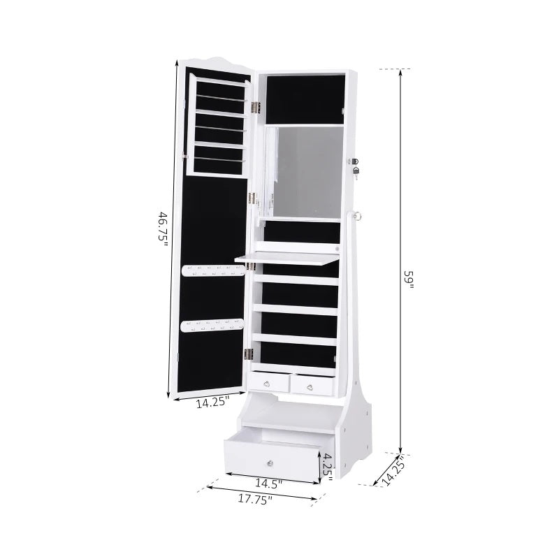 HOMCOM Standing Jewelry Cabinet Organizer Jewelry Armoire with LED Lights, Full Length Mirror, Adjustable Angle, White