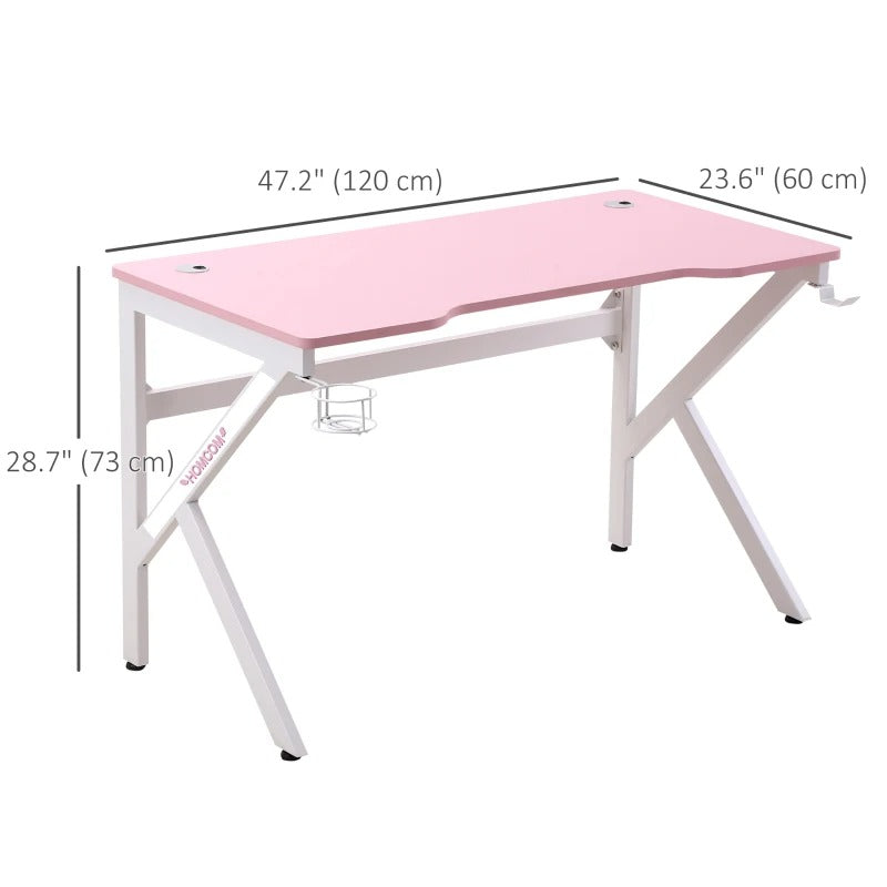 HOMCOM 47 inch Gaming Desk, Racing Style Computer Table, Home Office Workstation with Rotatable Cup Holder, Headphone Hook, Gamepad Stand, Wire Port, Pink