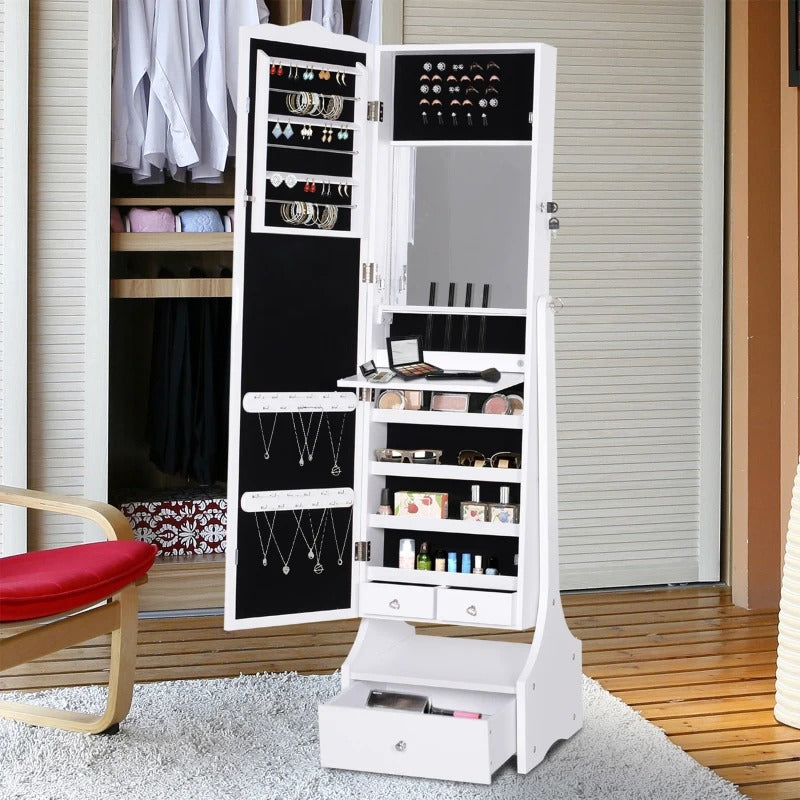 HOMCOM Standing Jewelry Cabinet Organizer Jewelry Armoire with LED Lights, Full Length Mirror, Adjustable Angle, White