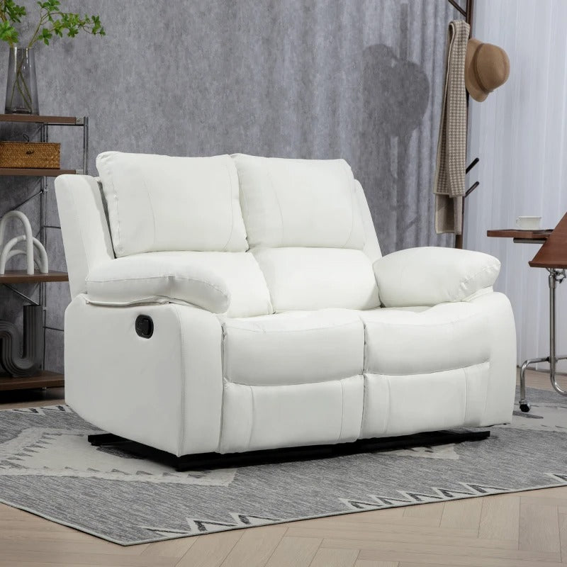 HOMCOM PU Leather Manual Recliner Sofa, Double Reclining Loveseat with Pullback Control Footrest for Living Room, White