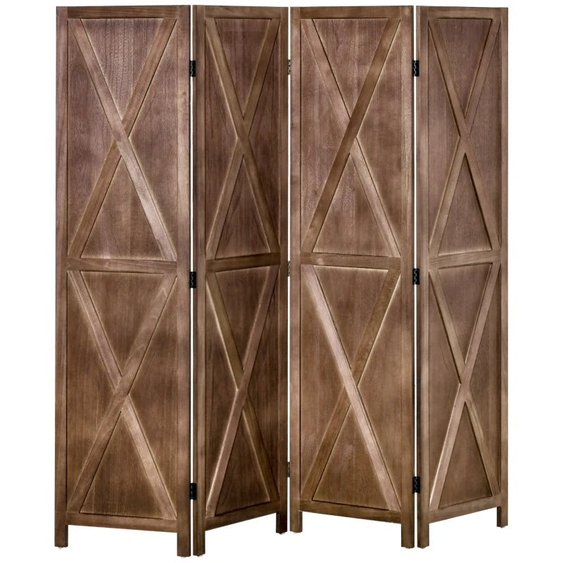 HOMCOM 4-panel Wall Partition Farmhouse Room Separator with Foldable Design Wooden Frame 5.6FT, Walnut