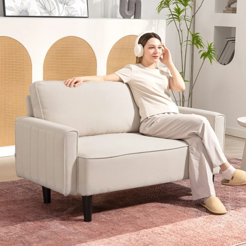 HOMCOM Loveseat Sofa, Linen 2 Seater Sofa Couch with Thick Padded Seat & Backrest for Living Room, Home Office, Beige