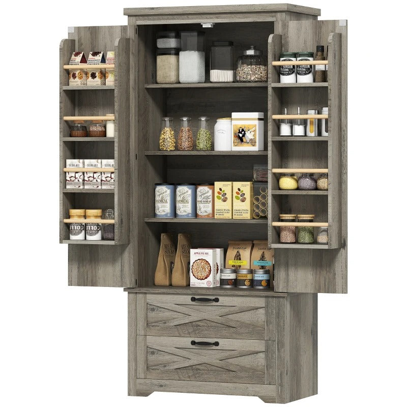 HOMCOM Farmhouse Kitchen Pantry Storage Cabinet, 64" Freestanding Kitchen Pantry Cabinet with Drawers, Distressed Grey