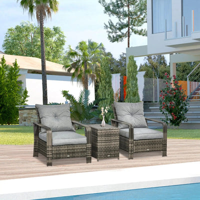 Outsunny 3 Pieces Wicker Patio Furniture Set, Rattan Bistro Set with Storage Coffee Table and Thickened Cushions, Outdoor Conversation Set for Garden, Porch, Balcony, Grey